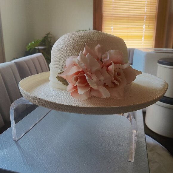 White Summer Straw Hat with a pink floral spray and a gossamer ribbon 12.5" x 22 - Picture 6 of 10